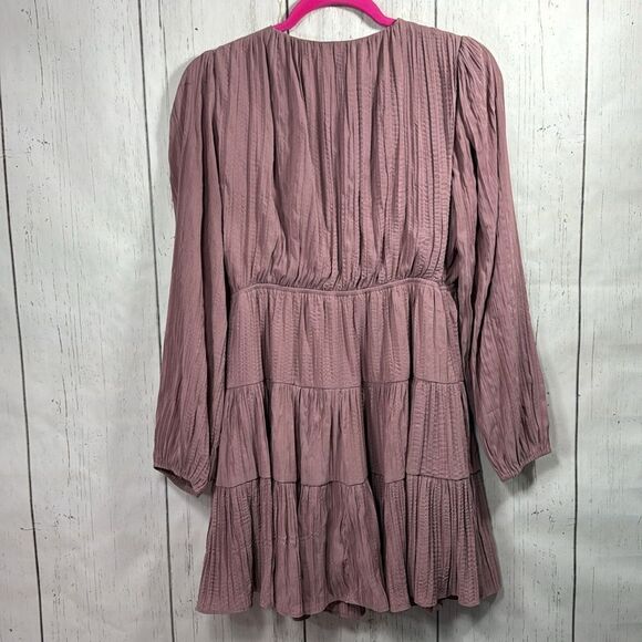 Storia Mauve Boho Tiered Mini Dress Long Sleeve Deep V Cottagecore Romantic - Picture 14 of 14